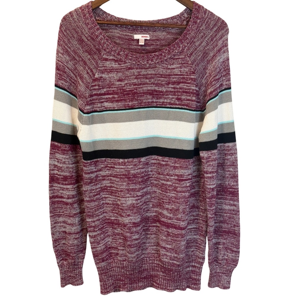 Bongo Men's Crew Neck Knit Sweater Maroon Striped 70's Collegiate Retro Size XL‎